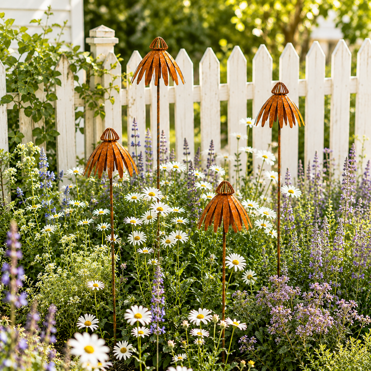 Rustic Metal Coneflower Garden Stakes, Weathered Metal Flower Yard Decor
