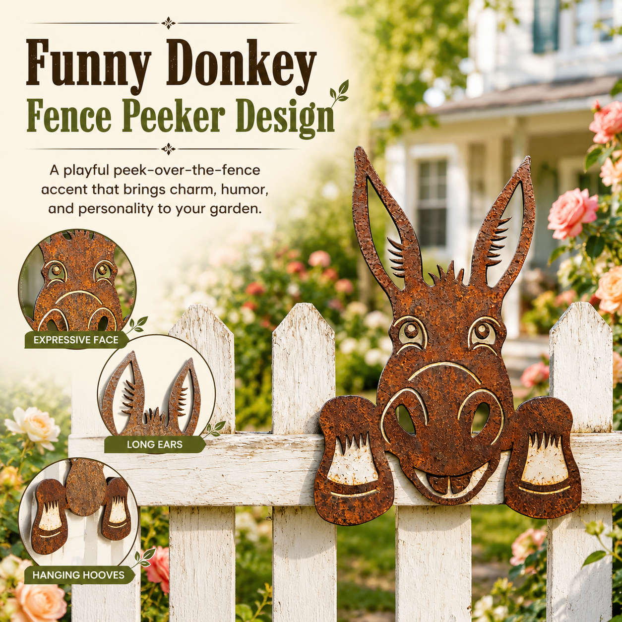 Rustic Donkey Fence Peeker Decor, Metal Donkey Garden Fence Decoration