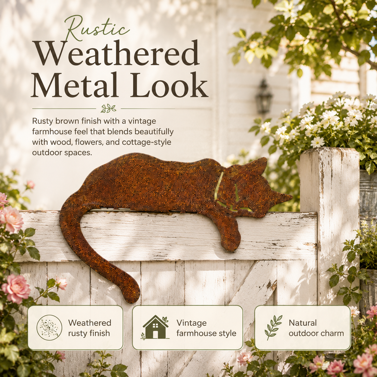 Rusty Sleeping Cat Metal Decor for Fence, Garden, Porch & Yard