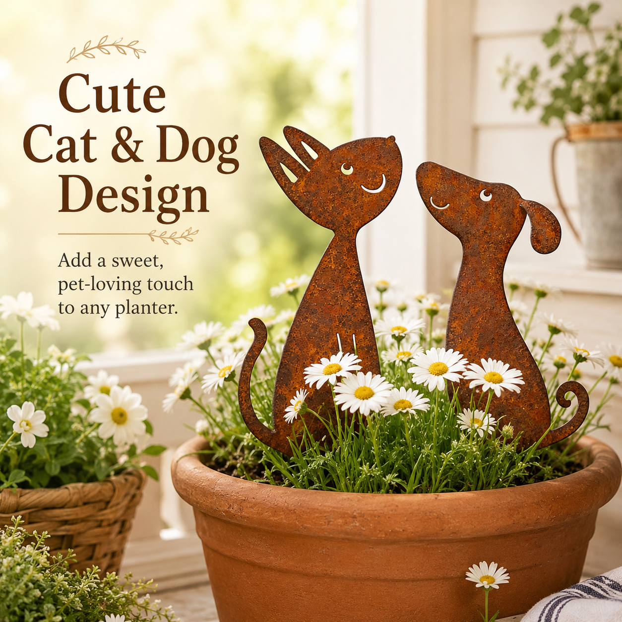 Rusty Cat and Dog Metal Garden Stakes