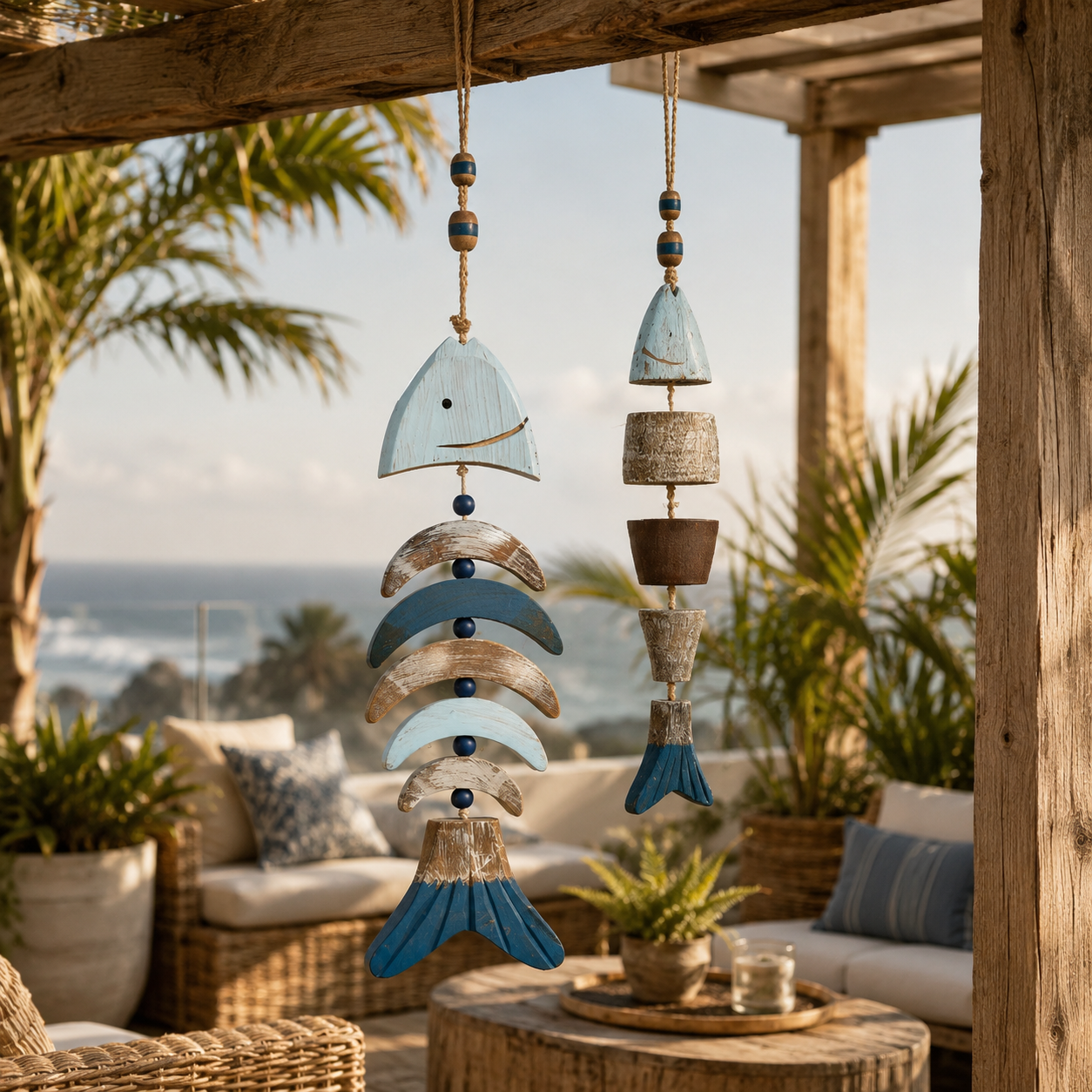 Coastal Fish Wooden Hanging Decor with Remote-Controlled Warm White String Lights