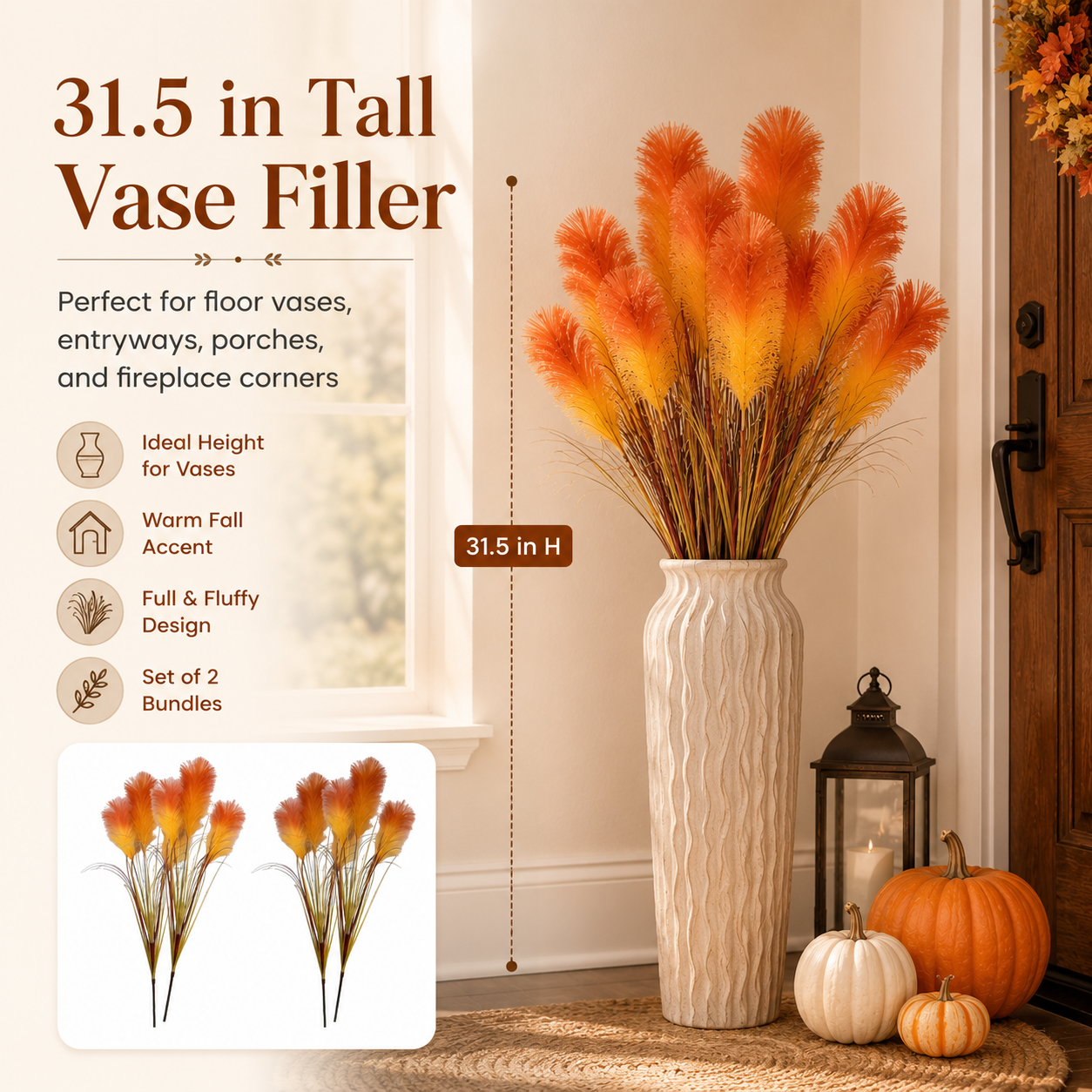 2 Bundles Artificial Pampas Grass Bouquet, 31.5 in Tall Fall Faux Pampas Grass Stems, 3 Plumes Per Bundle