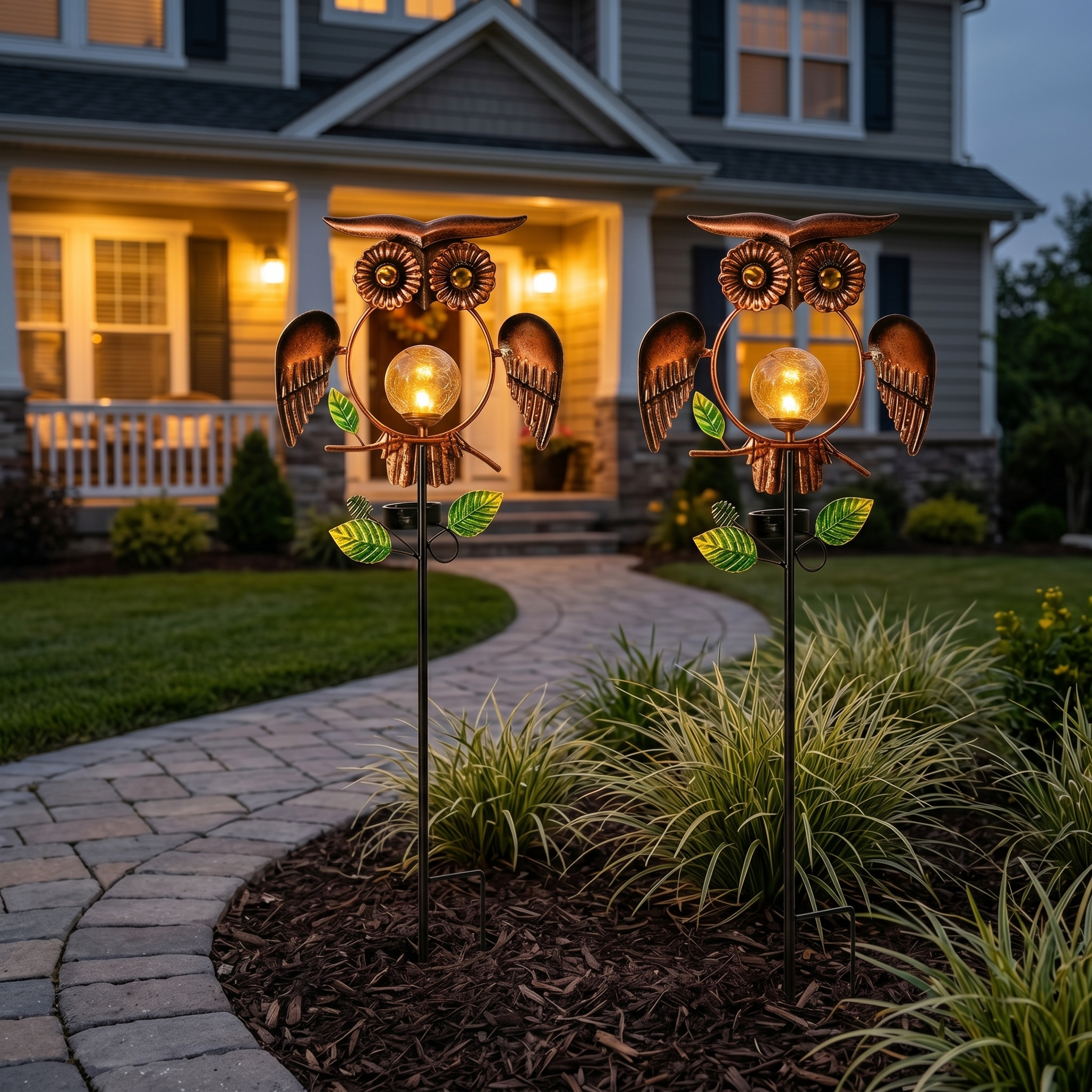 Solar Wrought Iron Owl Garden Statue with Crackle Glass Globe