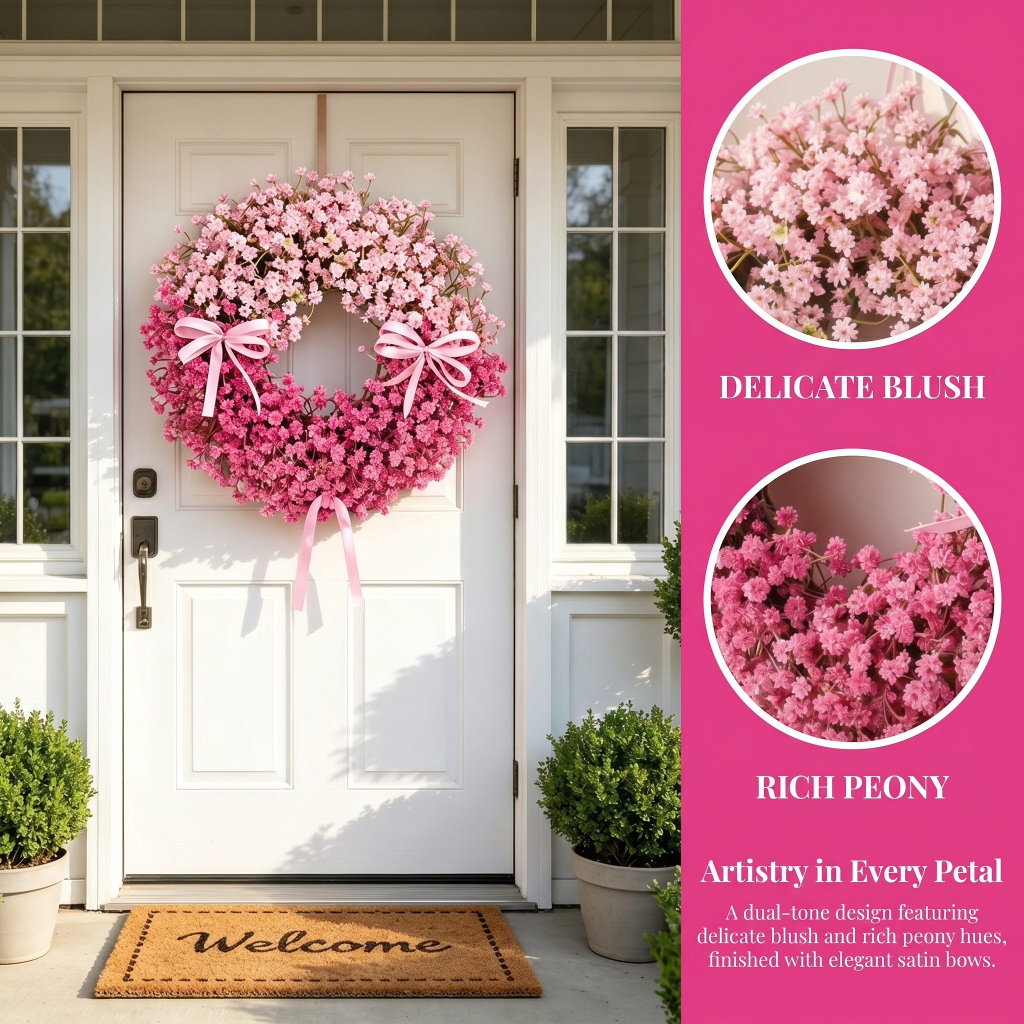 Pink Baby’s Breath Wreath with Ribbon Bows