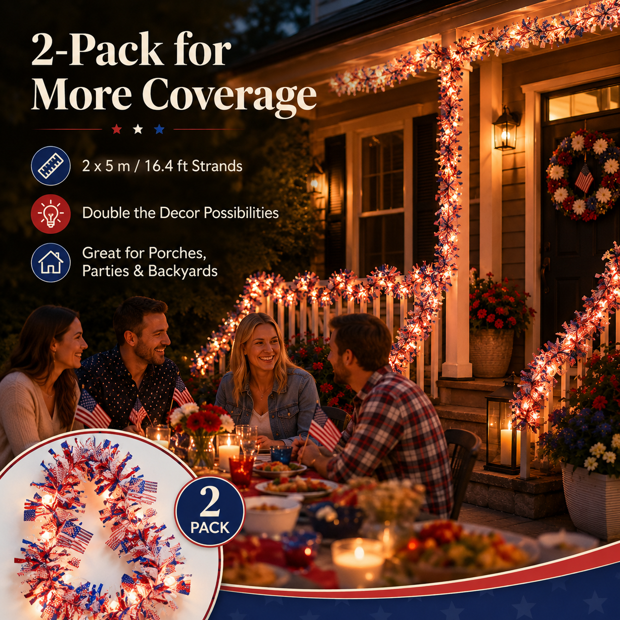 2-Pack 5m Patriotic LED Tinsel Garland – 50 Warm Lights
