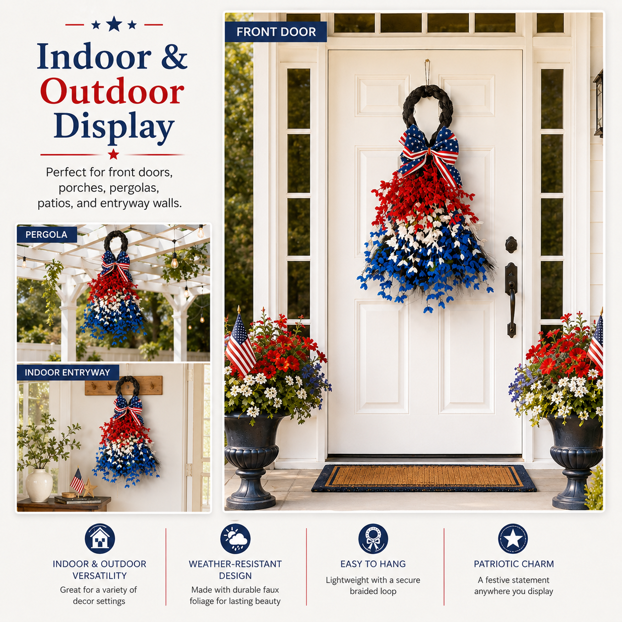 Patriotic Red, White & Blue Hanging Wreath