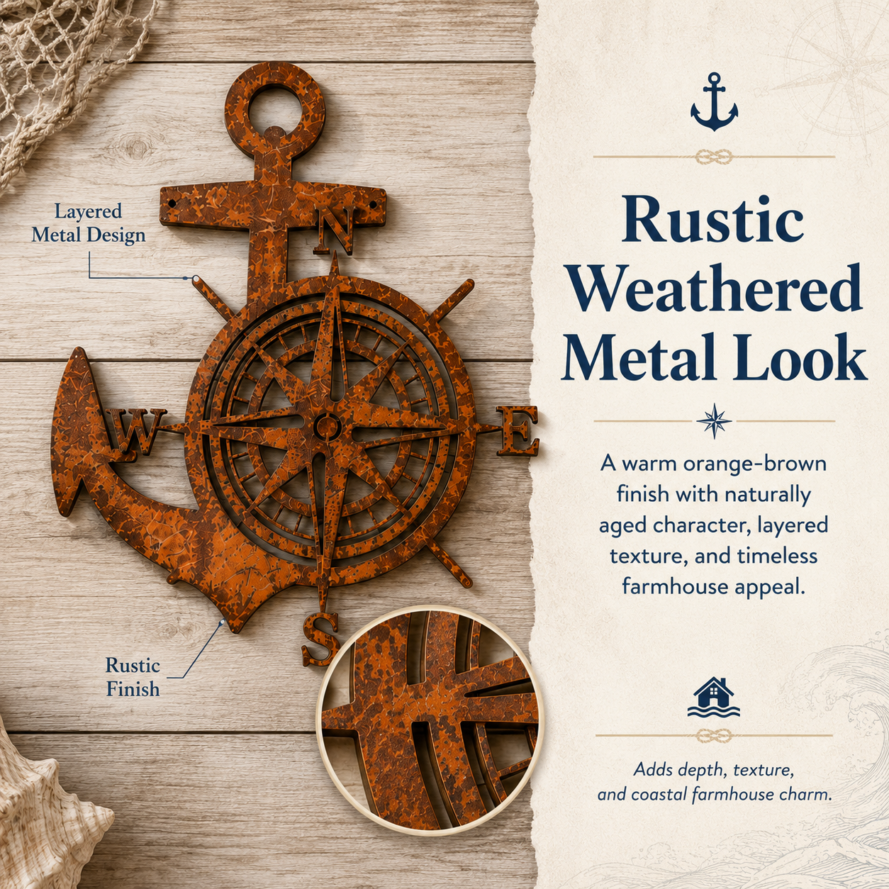 Anchor Compass Metal Wall Decor, Rustic Nautical Wall Art, Coastal Farmhouse Anchor Compass Sign for Porch
