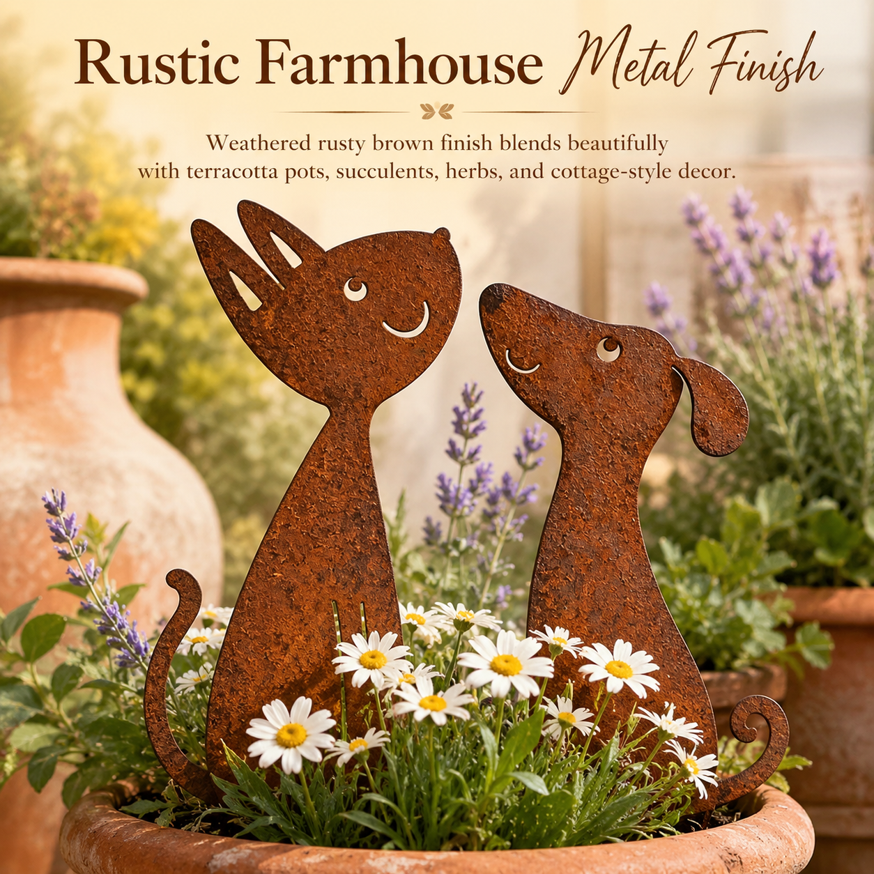 Rusty Cat and Dog Metal Garden Stakes