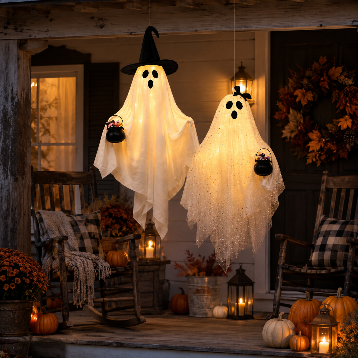 2 Pack Lighted Hanging Ghost Decorations with Remote