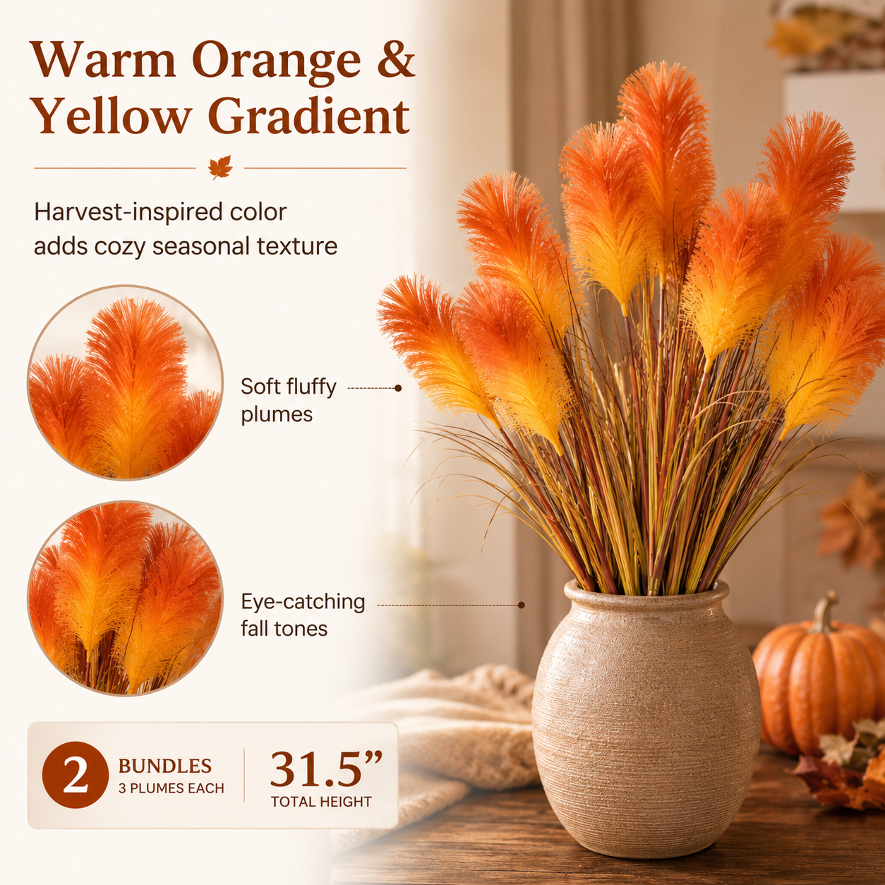 2 Bundles Artificial Pampas Grass Bouquet, 31.5 in Tall Fall Faux Pampas Grass Stems, 3 Plumes Per Bundle