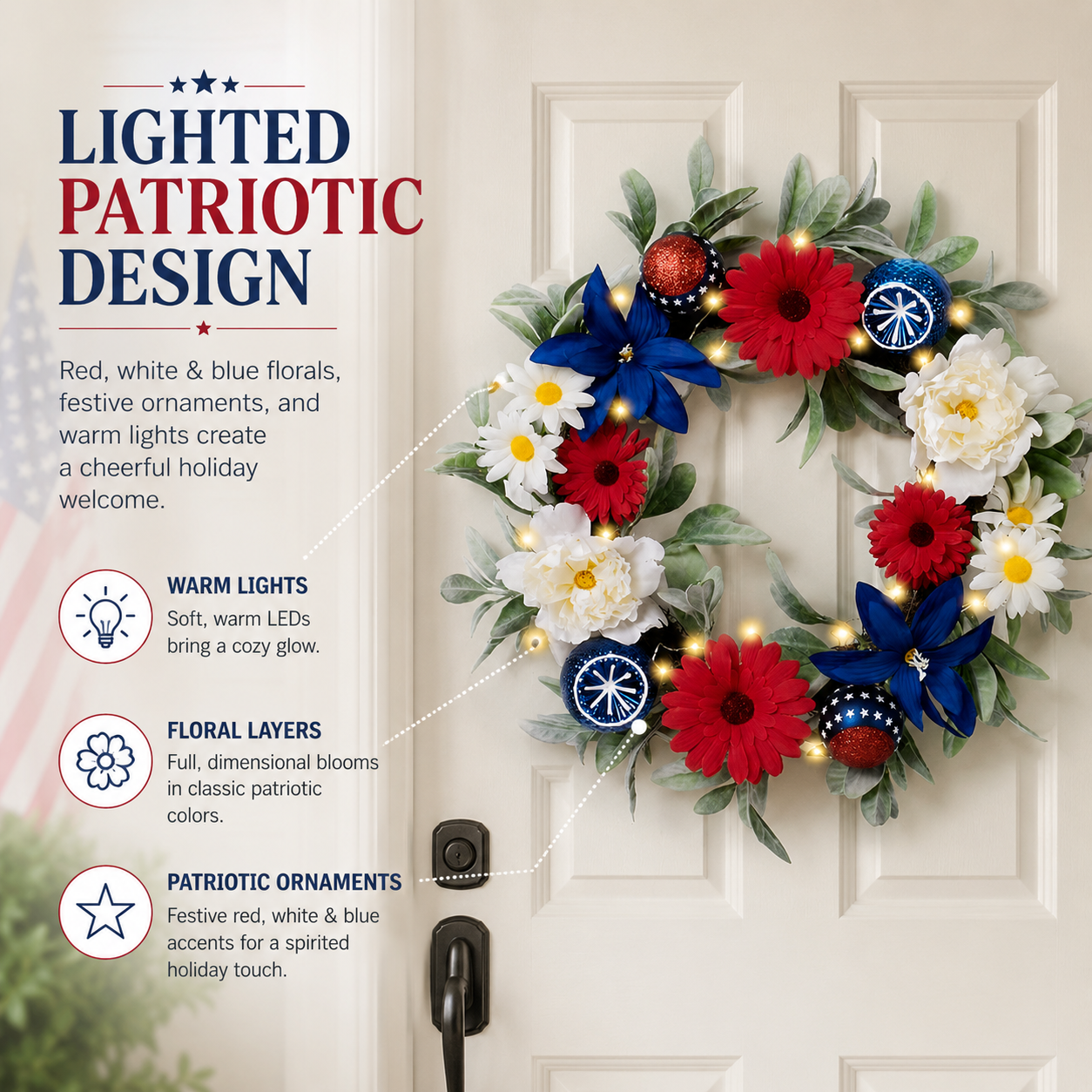 Lighted Patriotic Floral Wreath with Red, White & Blue Flowers
