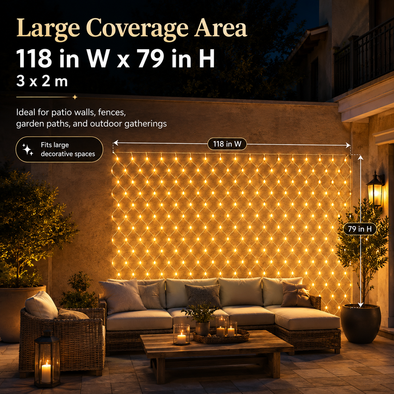 118 × 79 in 192 LED solar-powered remote-controlled net lights