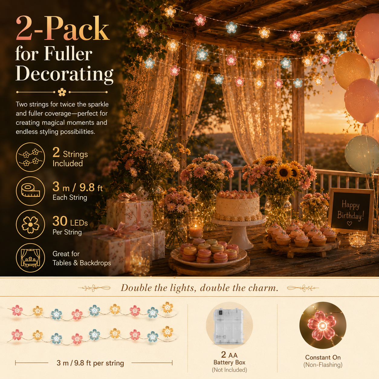2-Pack Flower String Lights, 3m 30 LED  Floral Fairy Lights