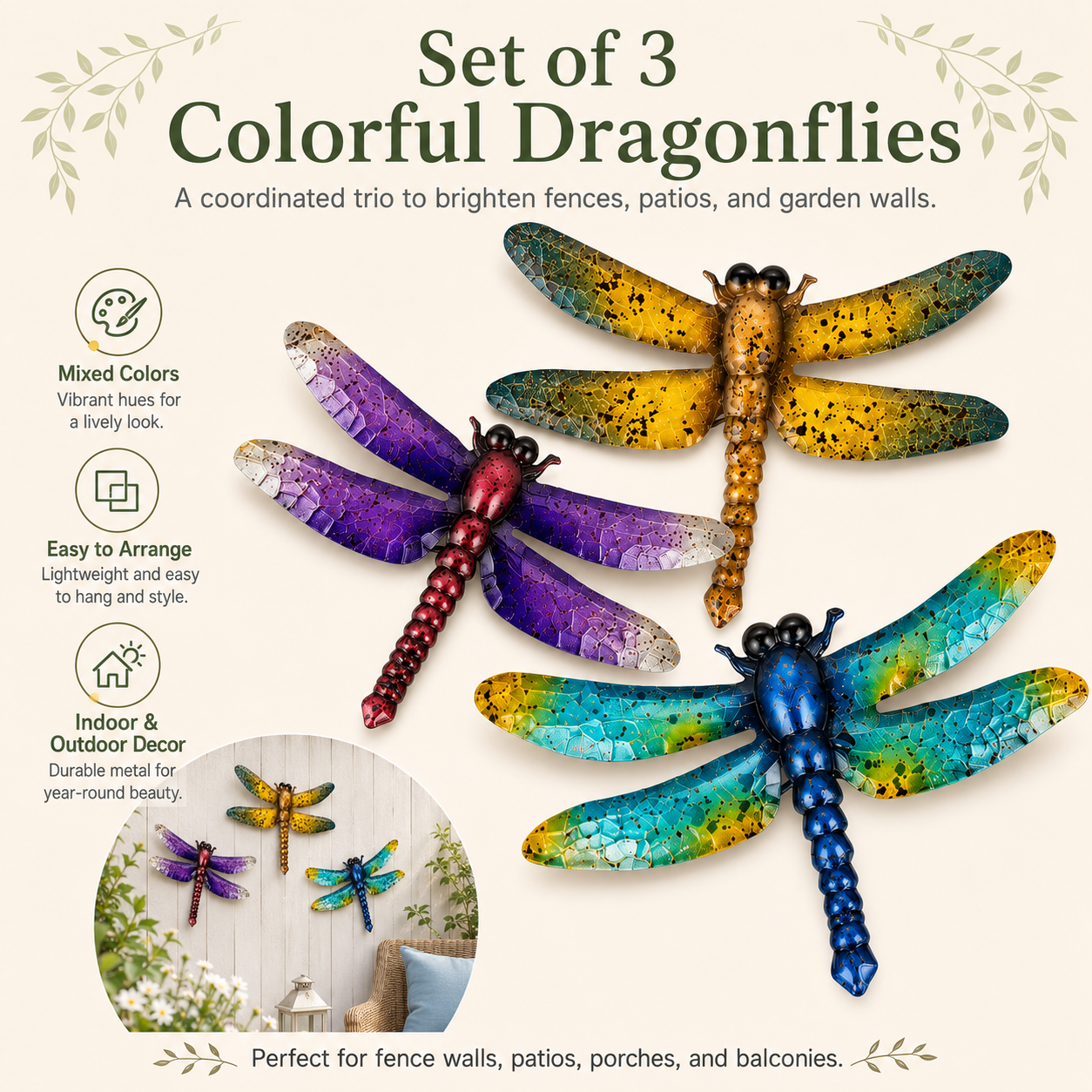 Colorful Metal Dragonfly Wall Decor Set of 3
