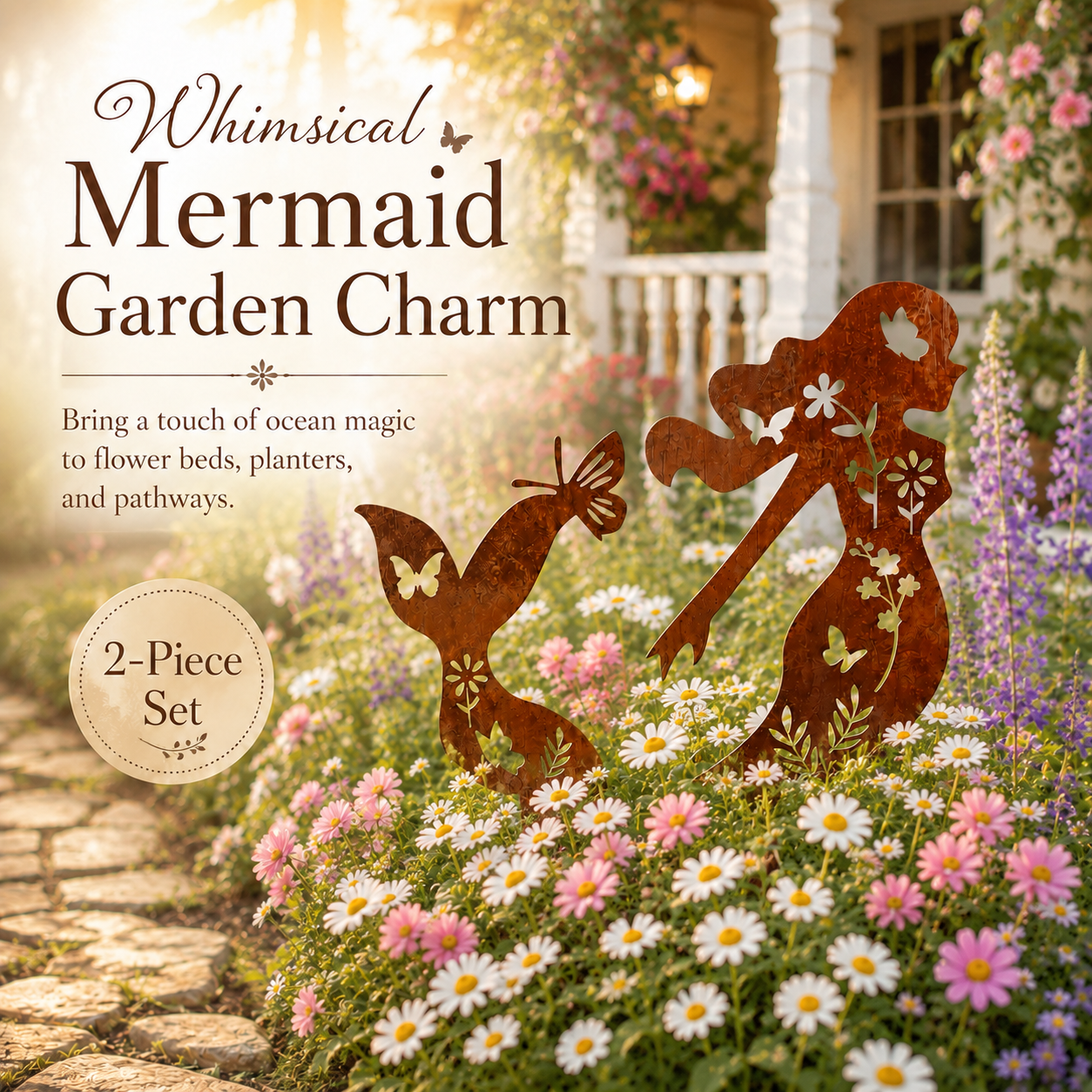 Rustic Mermaid Metal Garden Stake Set