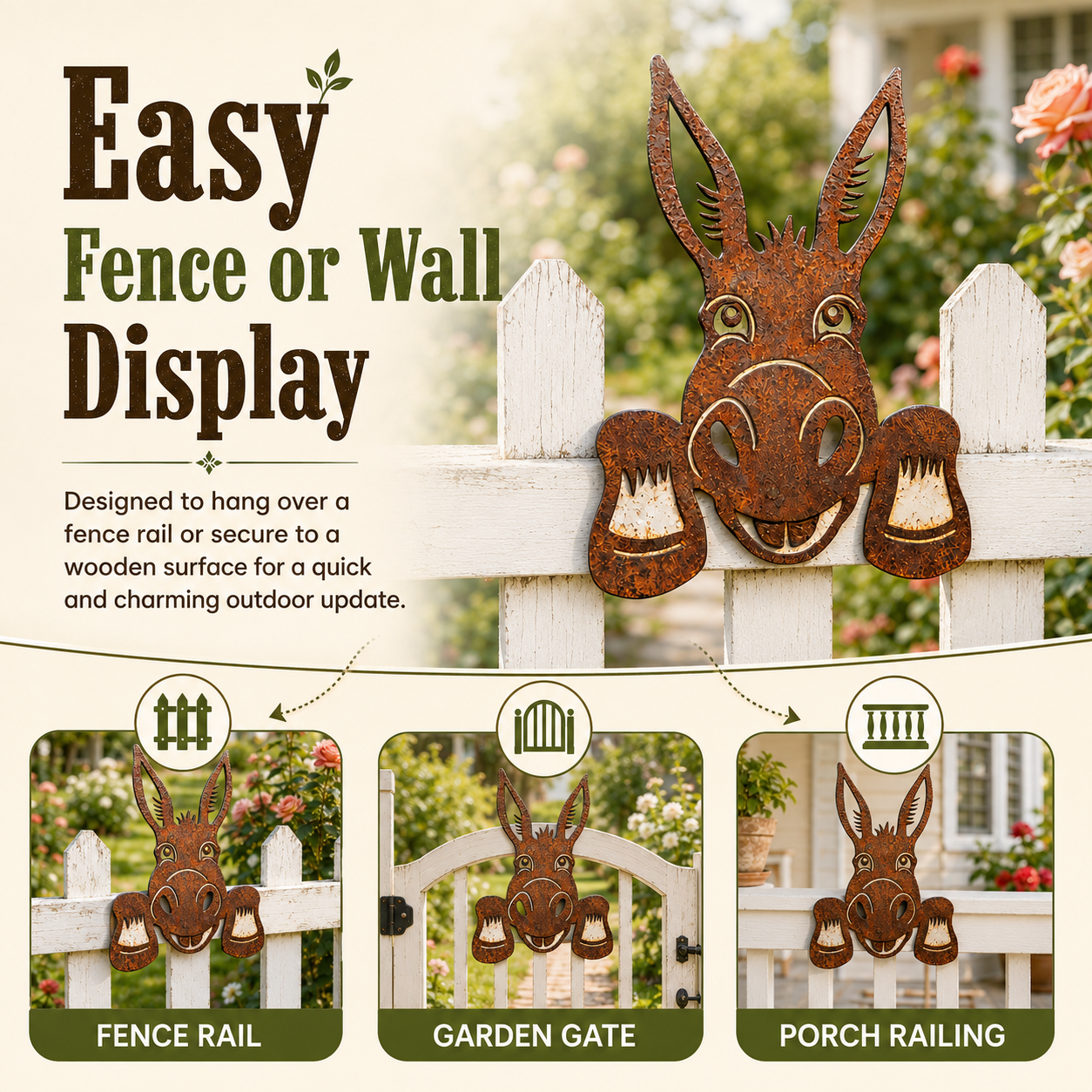 Rustic Donkey Fence Peeker Decor, Metal Donkey Garden Fence Decoration
