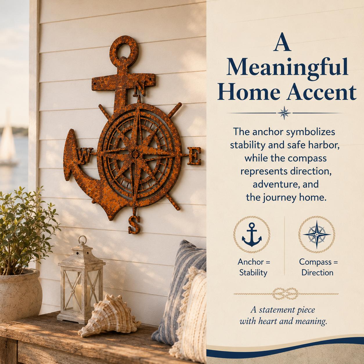 Anchor Compass Metal Wall Decor, Rustic Nautical Wall Art, Coastal Farmhouse Anchor Compass Sign for Porch