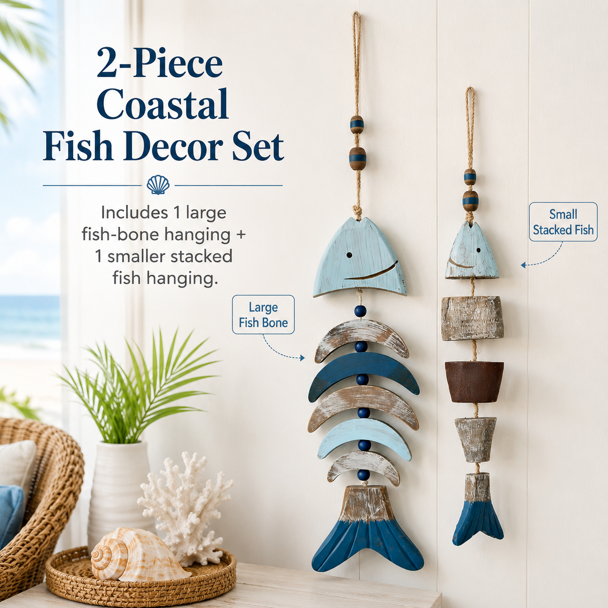 Coastal Fish Wooden Hanging Decor with Remote-Controlled Warm White String Lights