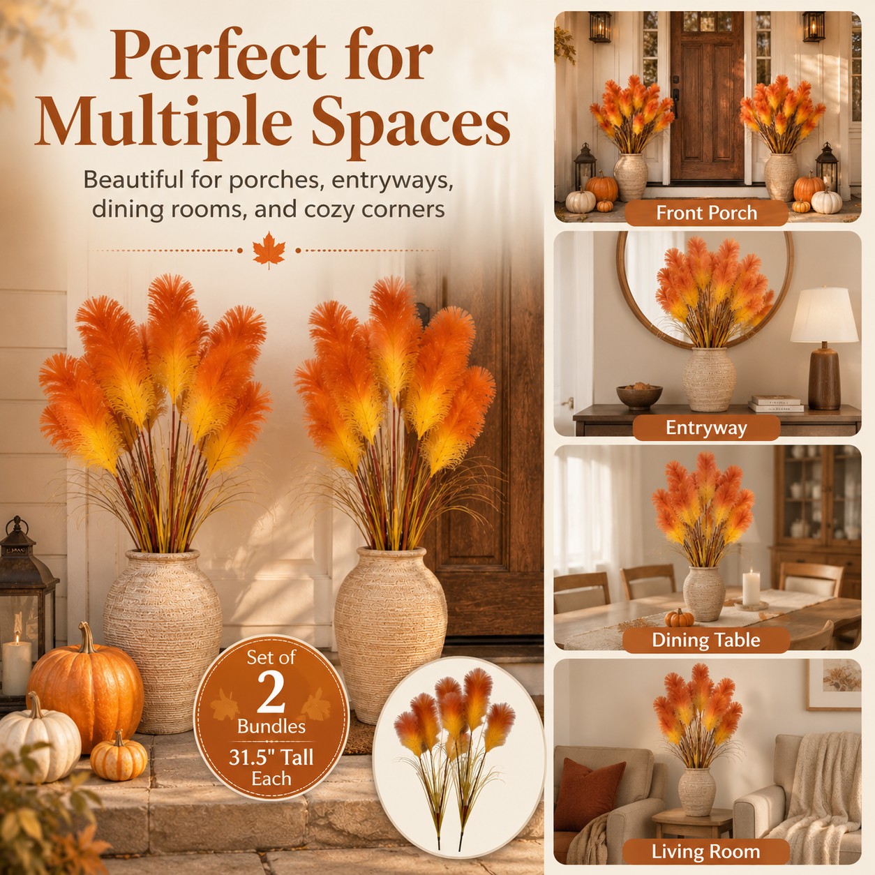 2 Bundles Artificial Pampas Grass Bouquet, 31.5 in Tall Fall Faux Pampas Grass Stems, 3 Plumes Per Bundle