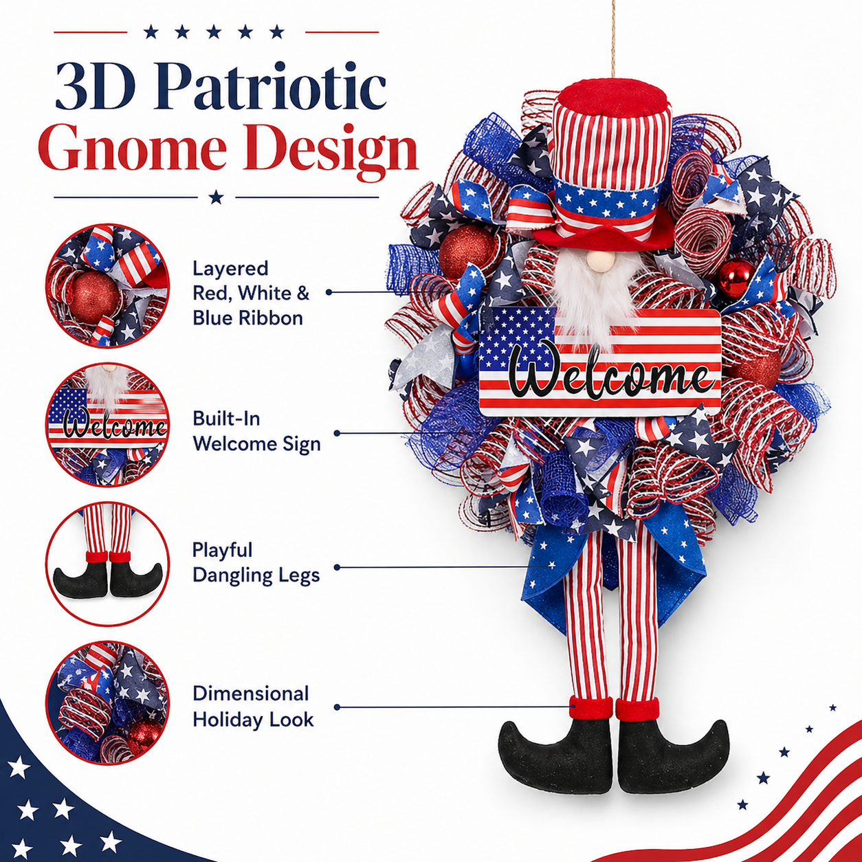 1-Piece 3D Patriotic Gnome Wreath Decor