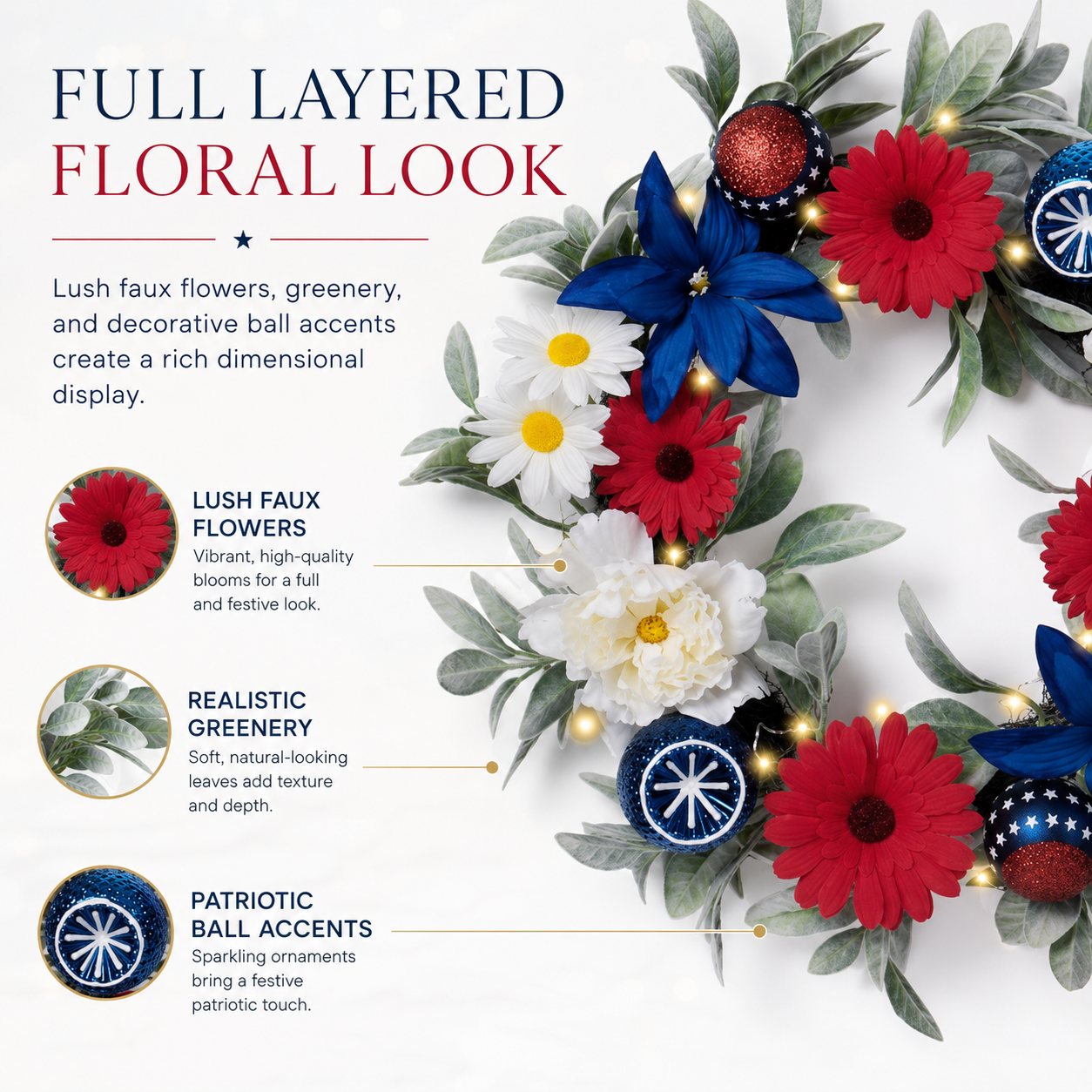 Lighted Patriotic Floral Wreath with Red, White & Blue Flowers
