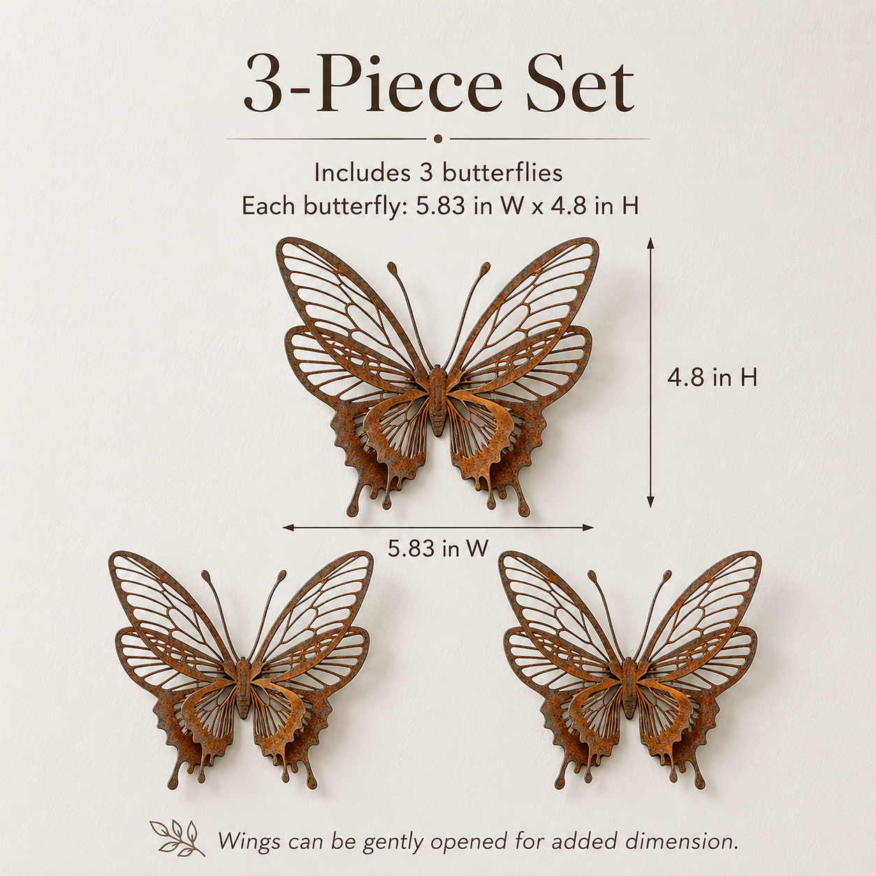 3-Piece Rust Metal 8-Wing Butterfly Wall & Garden Decor