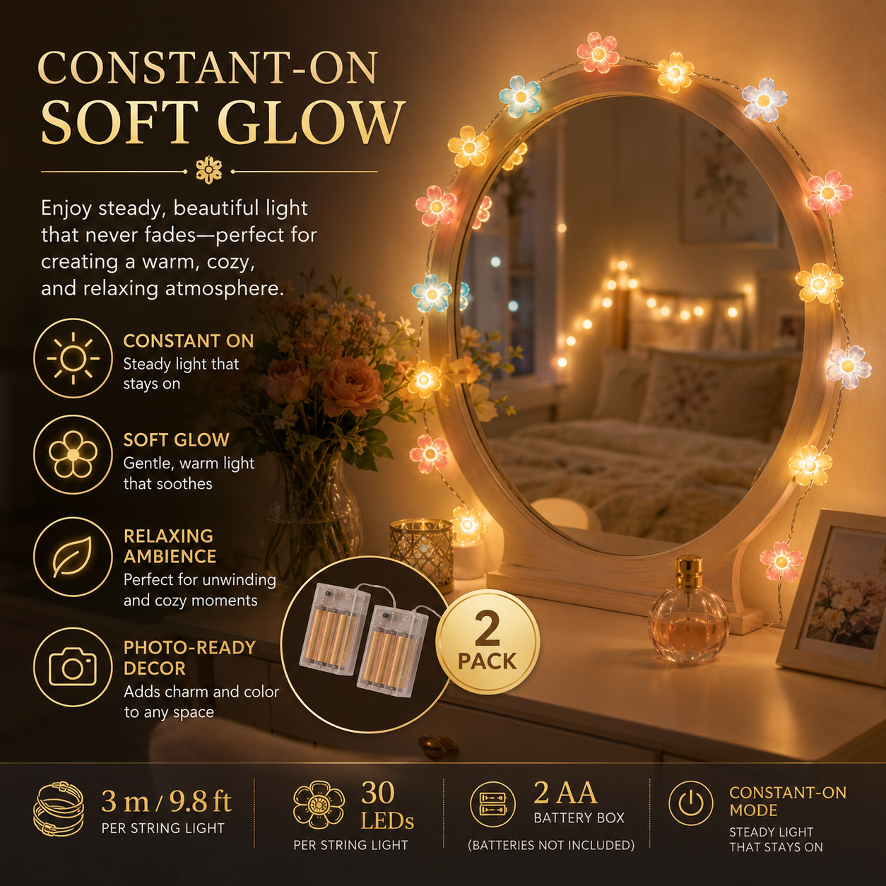 2-Pack Flower String Lights, 3m 30 LED  Floral Fairy Lights
