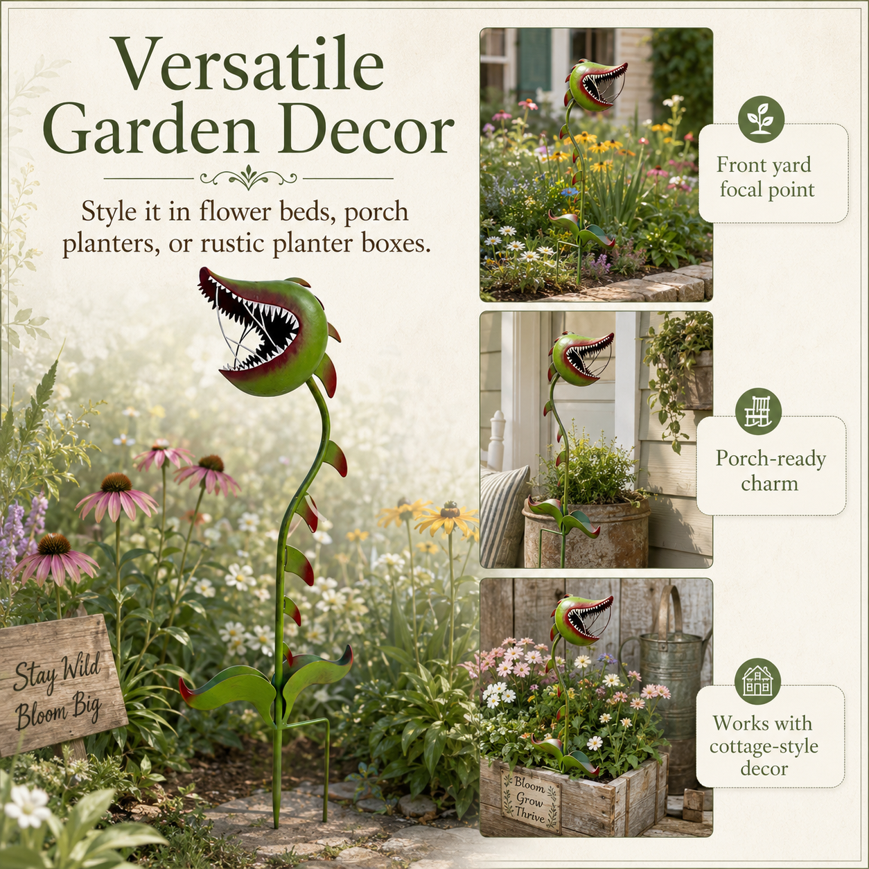 Whimsical Man-Eating Flower Metal Garden Stakeen