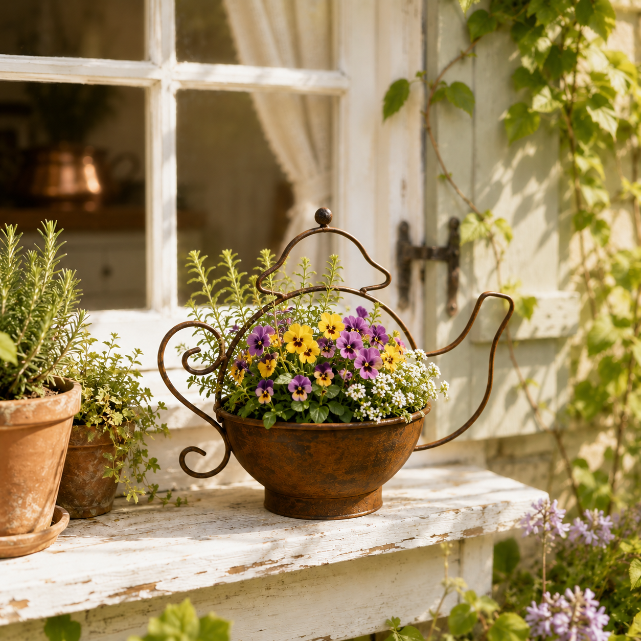 Rustic Metal Teapot Planter for Flowers