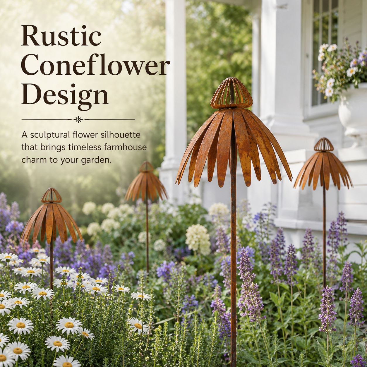 Rustic Metal Coneflower Garden Stakes, Weathered Metal Flower Yard Decor