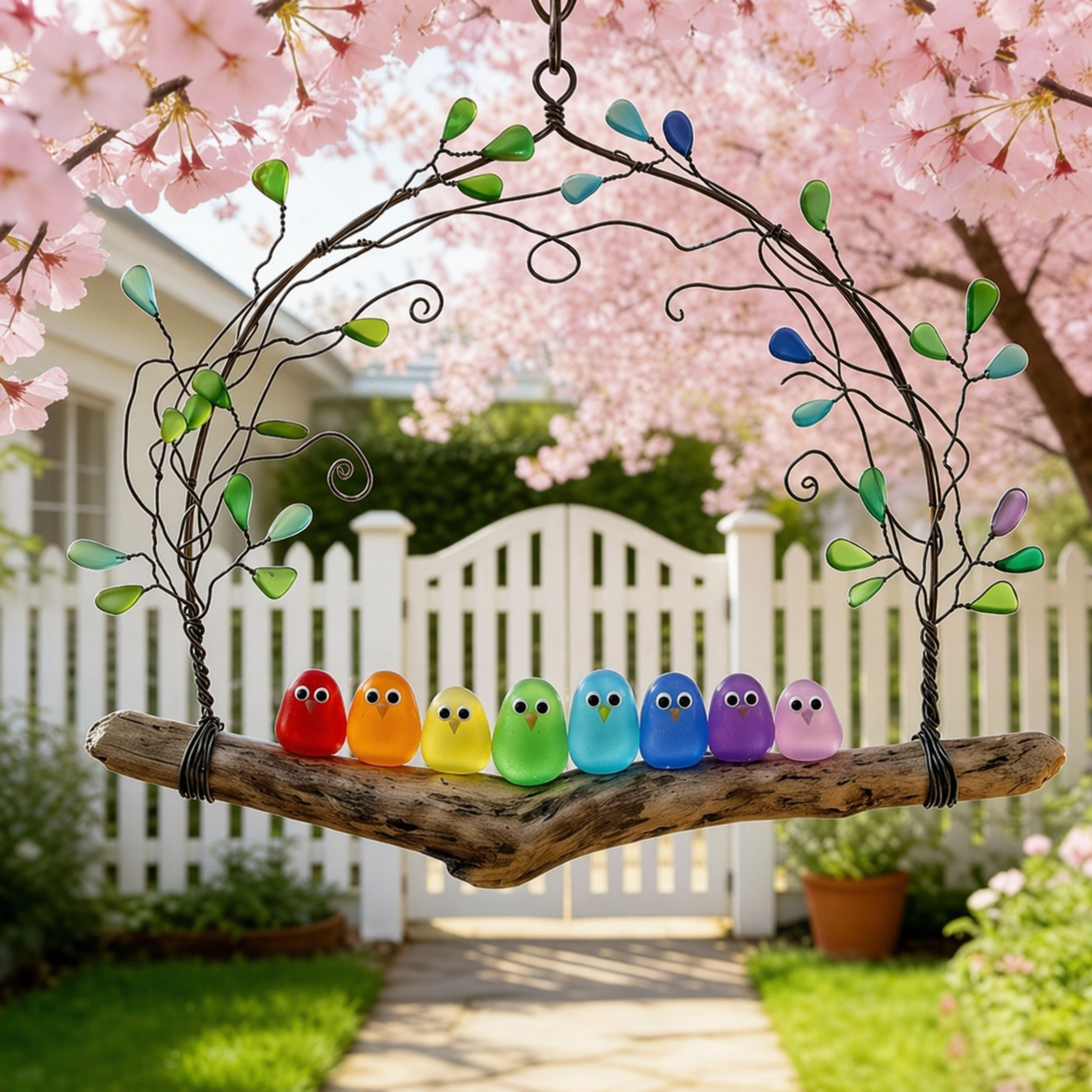 Colorful Sea Glass Birds Hanging Branch Decor – Handmade Garden Art Ornament