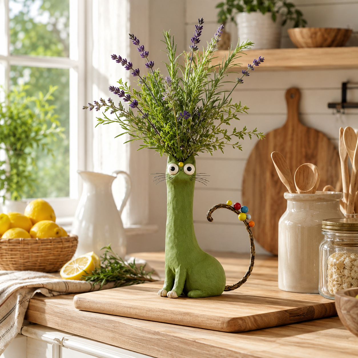 Whimsical Green Cat Vase