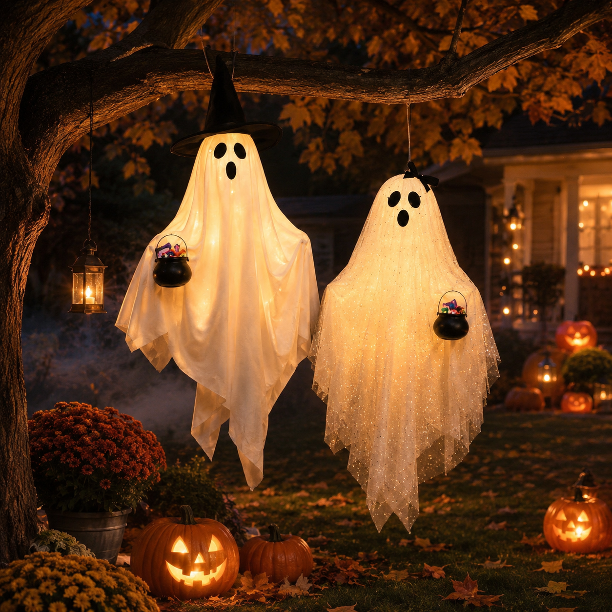 2 Pack Lighted Hanging Ghost Decorations with Remote