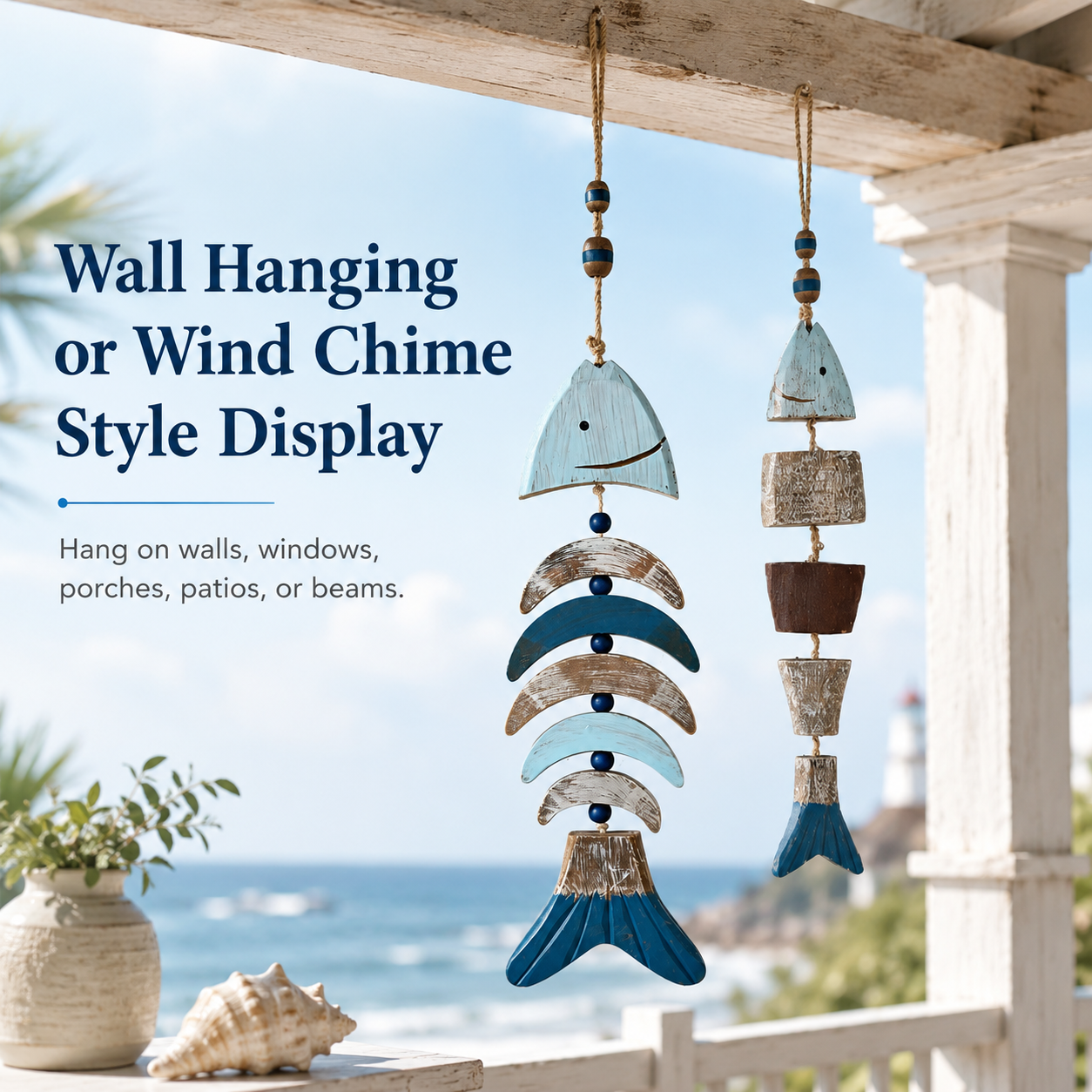 Coastal Fish Wooden Hanging Decor with Remote-Controlled Warm White String Lights