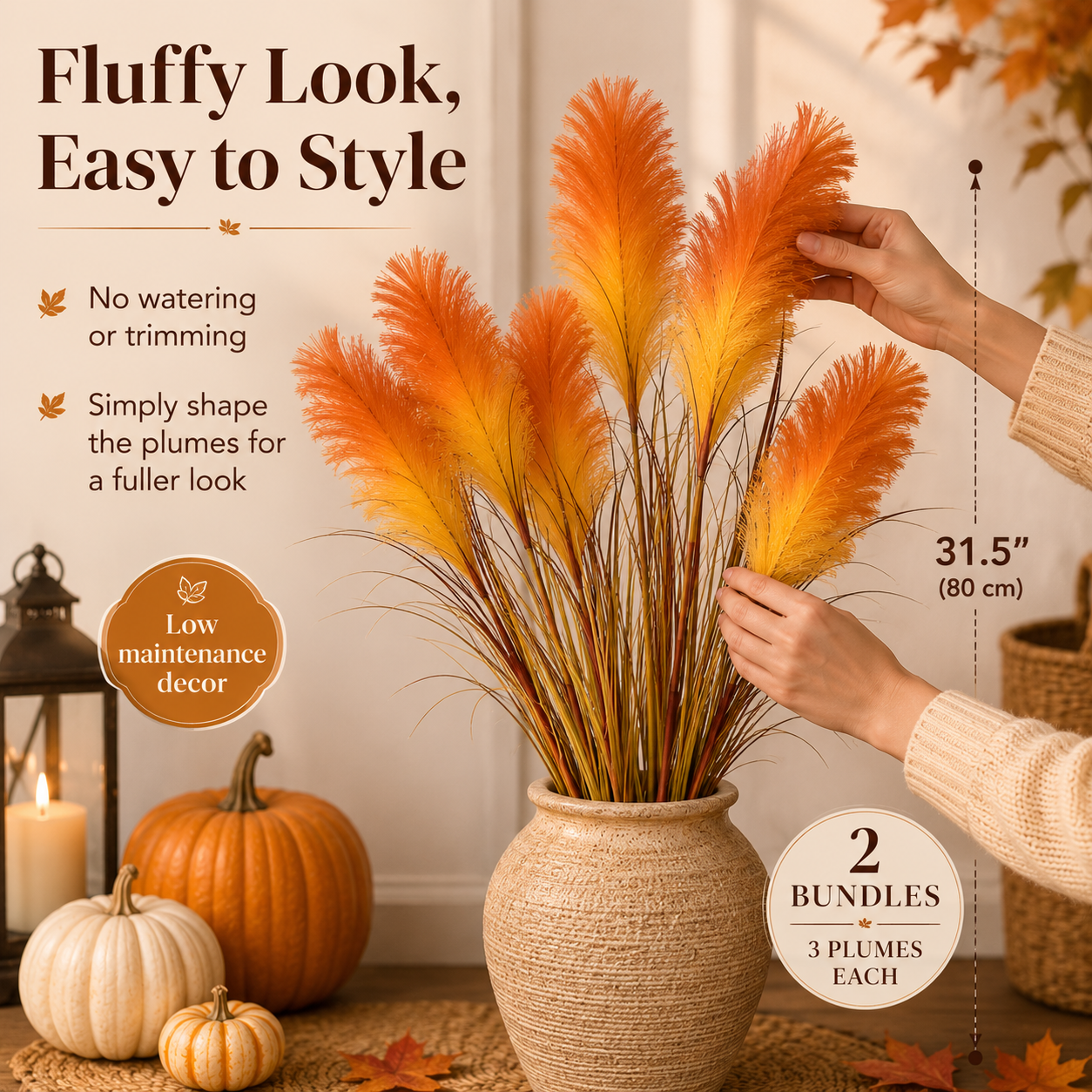2 Bundles Artificial Pampas Grass Bouquet, 31.5 in Tall Fall Faux Pampas Grass Stems, 3 Plumes Per Bundle