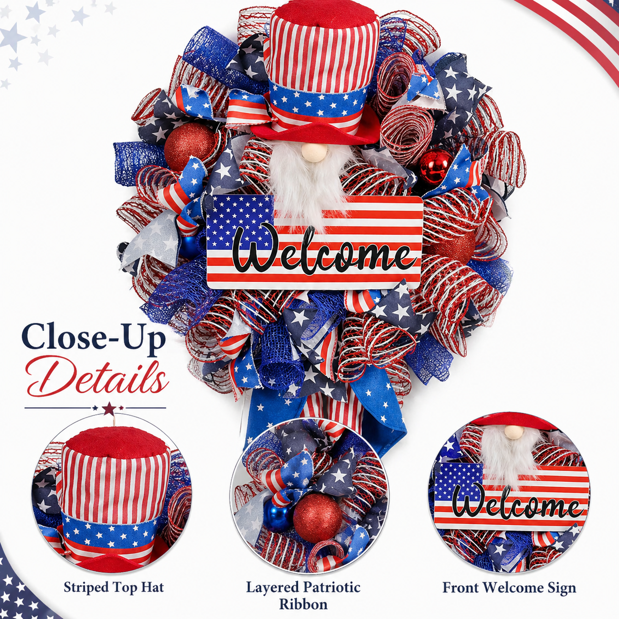 1-Piece 3D Patriotic Gnome Wreath Decor