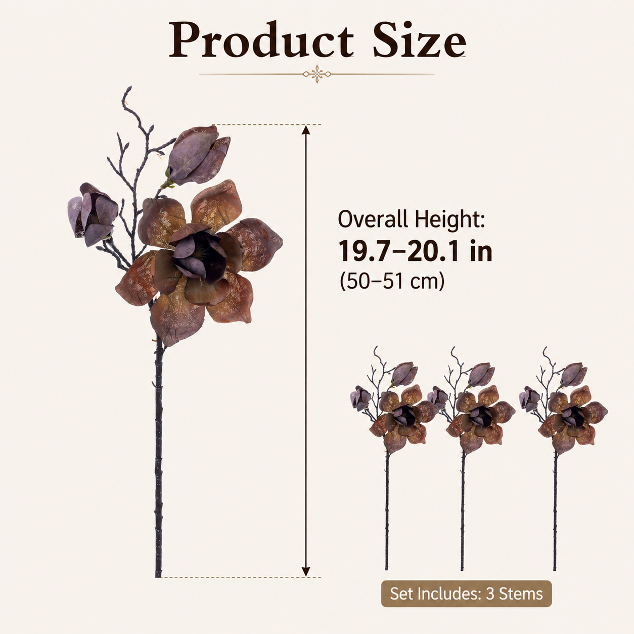 3 Pack Artificial Magnolia Flower Stems, 20 Inch Faux Fall Floral
