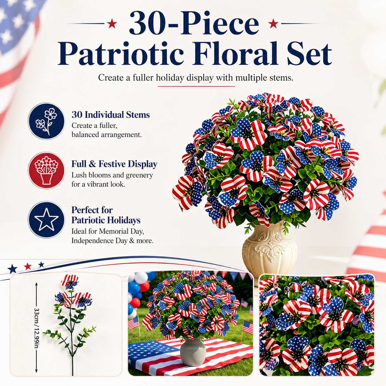30-Piece Patriotic Artificial Flower Stems