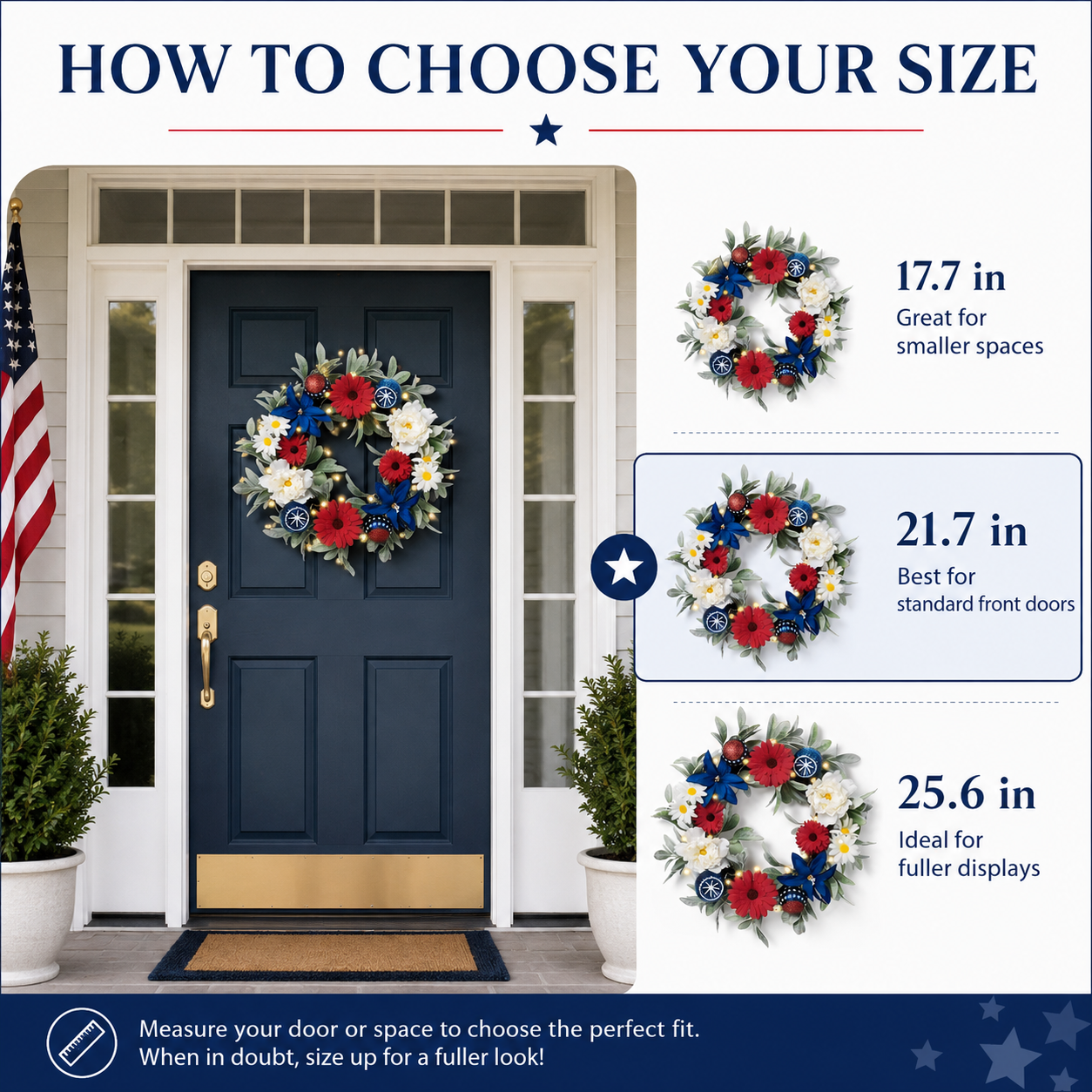 Lighted Patriotic Floral Wreath with Red, White & Blue Flowers