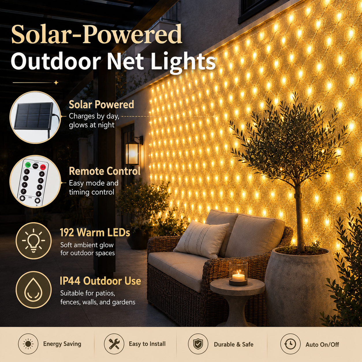 118 × 79 in 192 LED solar-powered remote-controlled net lights