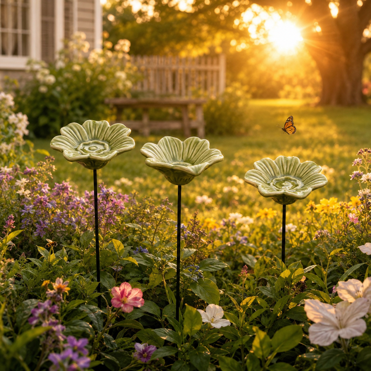 3-Piece Handmade Ceramic Flower Bee Waterer