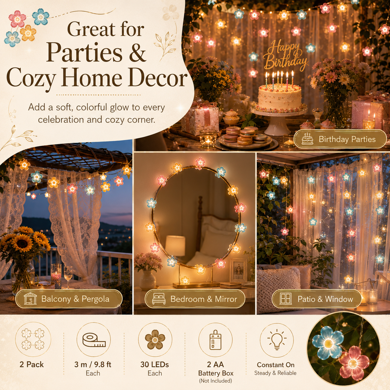 2-Pack Flower String Lights, 3m 30 LED  Floral Fairy Lights