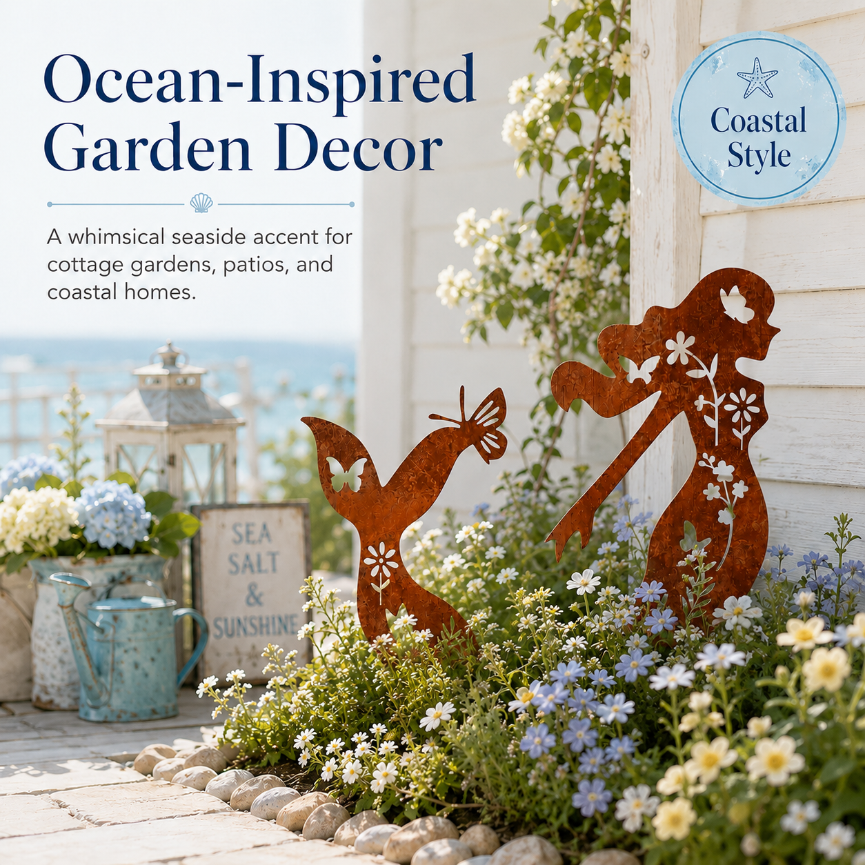 Rustic Mermaid Metal Garden Stake Set