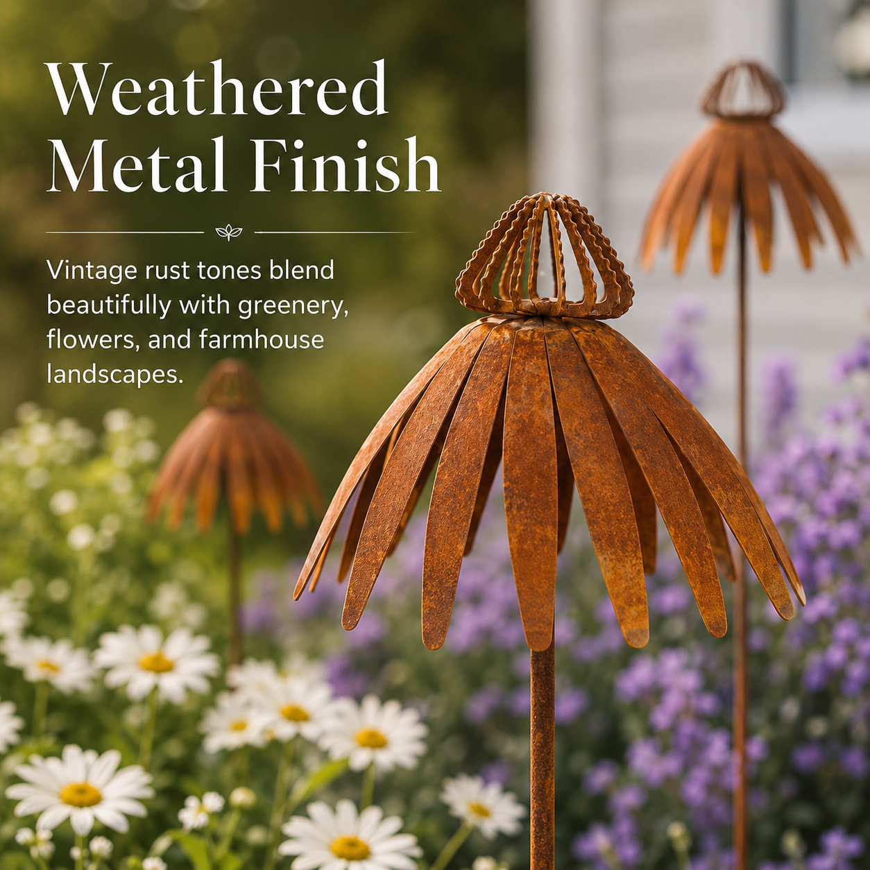Rustic Metal Coneflower Garden Stakes, Weathered Metal Flower Yard Decor