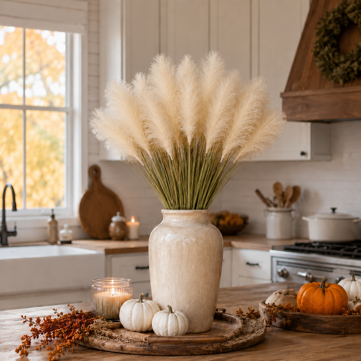 2 Bundles Artificial Pampas Grass Bouquet, 31.5 in Tall Fall Faux Pampas Grass Stems, 3 Plumes Per Bundle