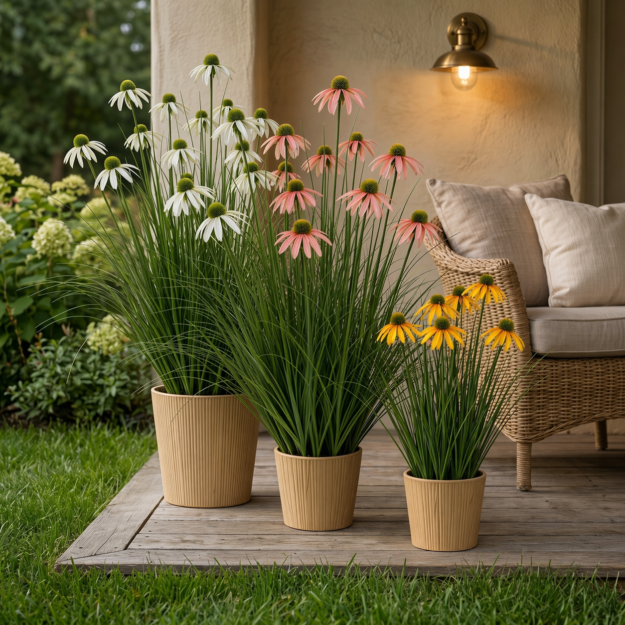 3-Head Artificial Coneflower Grass Plant