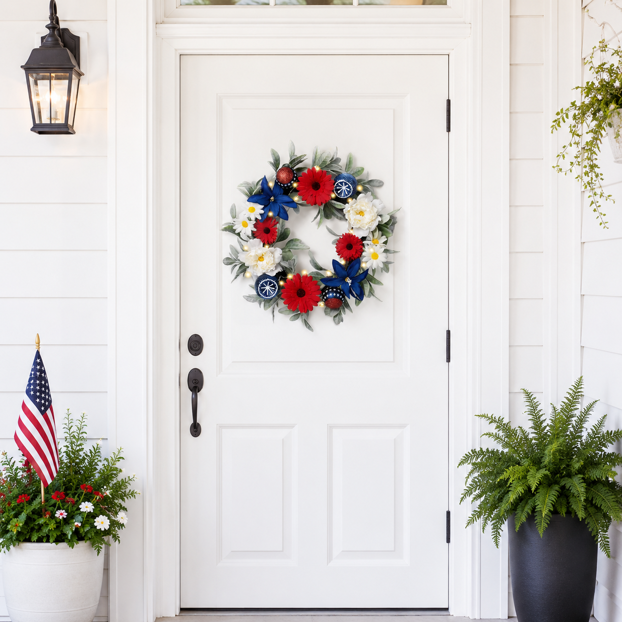 Lighted Patriotic Floral Wreath with Red, White & Blue Flowers