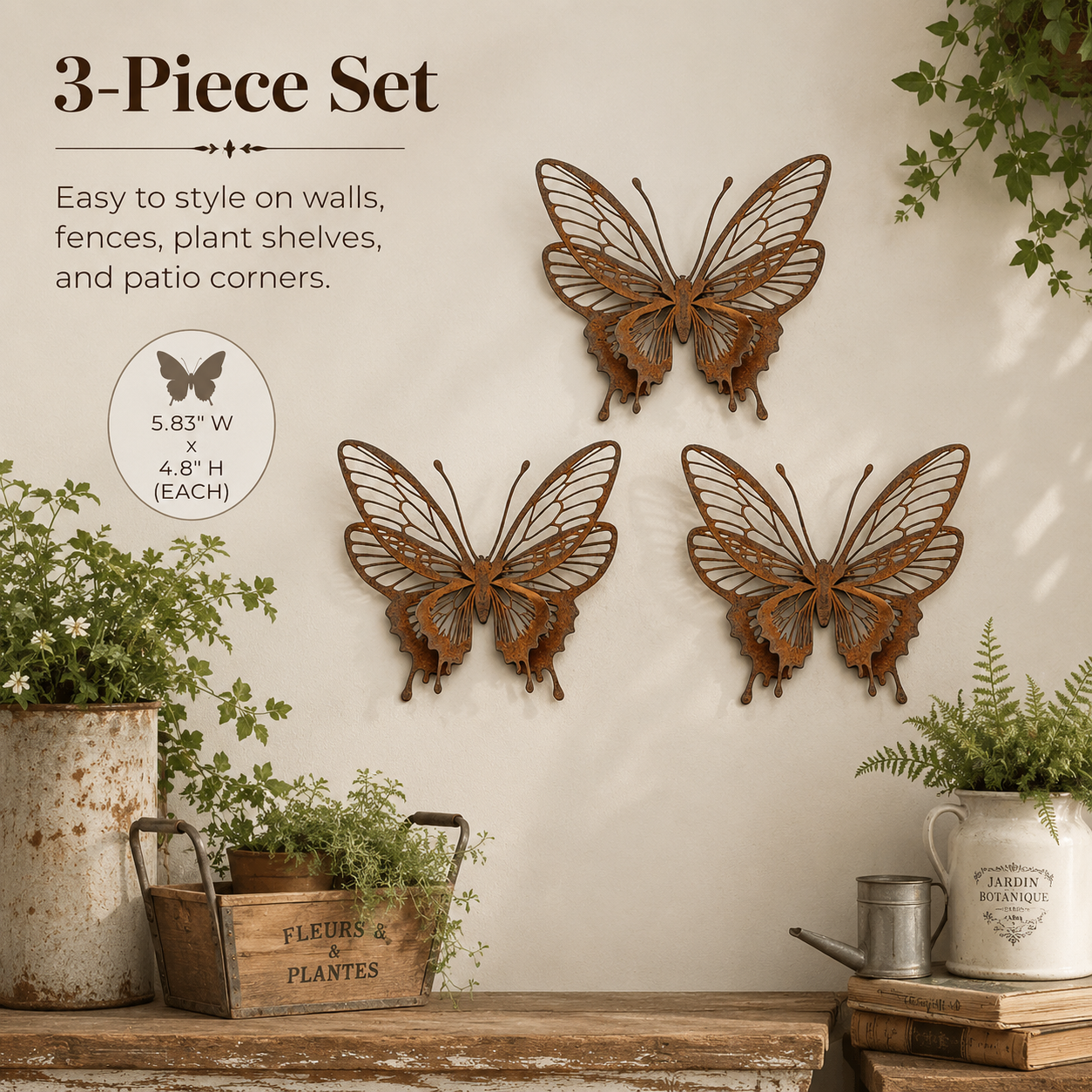 3-Piece Rust Metal 8-Wing Butterfly Wall & Garden Decor