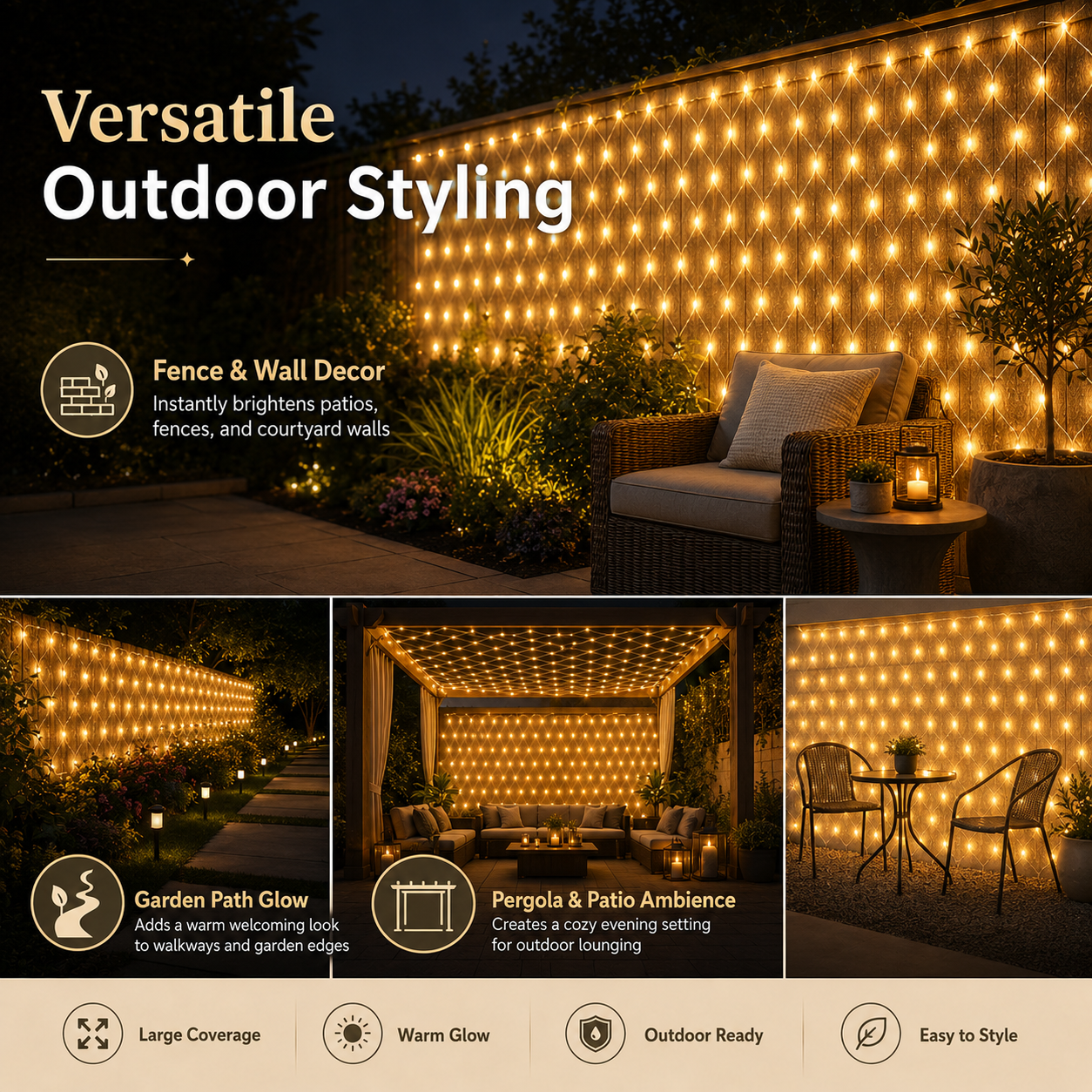 118 × 79 in 192 LED solar-powered remote-controlled net lights
