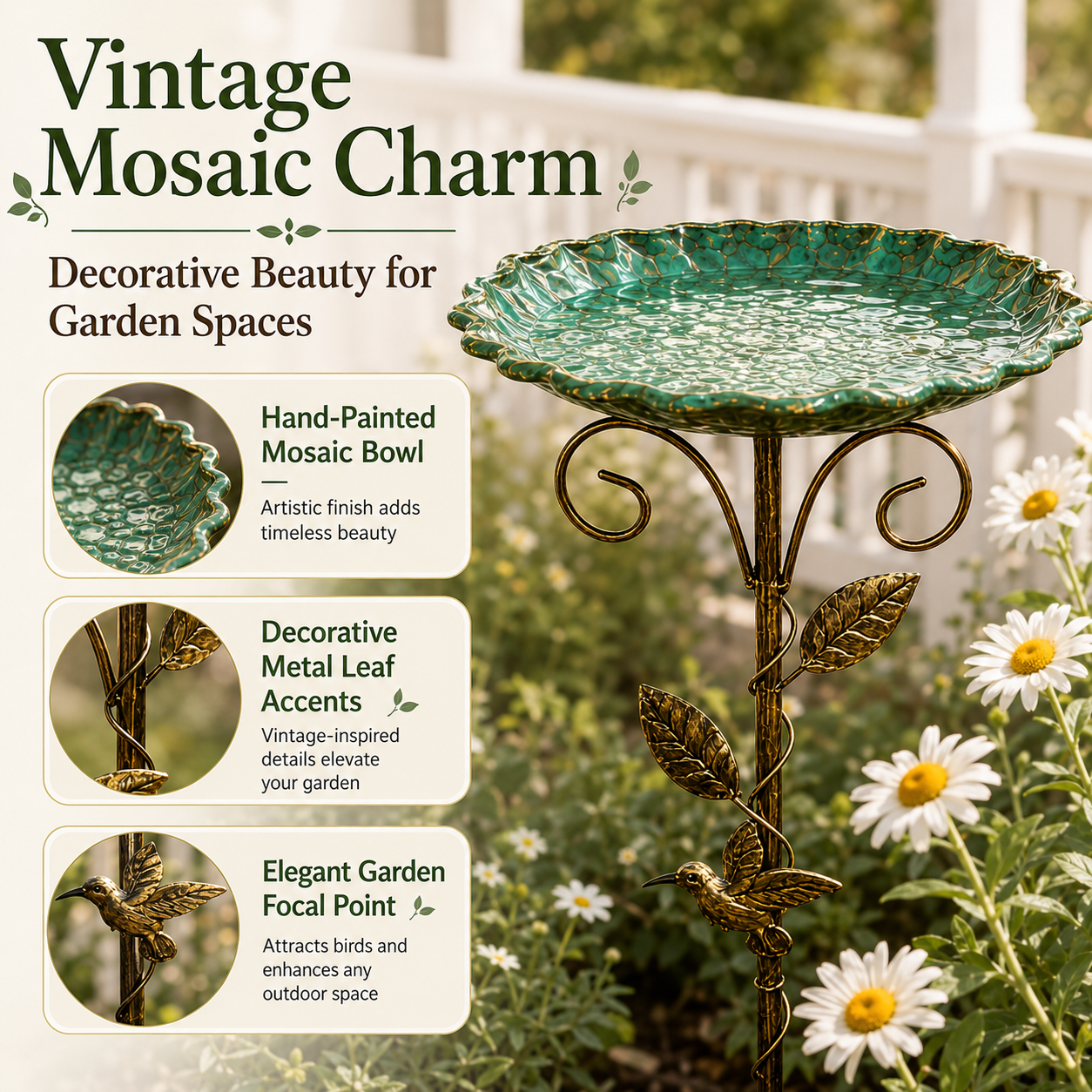 Vintage Mosaic Garden Bird Bath & Feeder